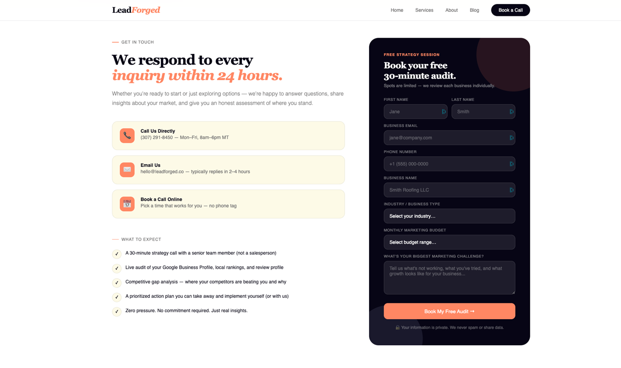 Lead Forged contact page